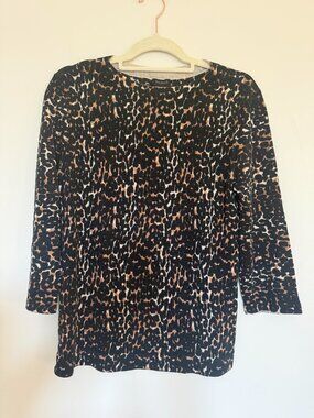 Talbots Leopard Print Pure Merino Wool 3/4 Sleeve Top Quiet Luxury Brown -Medium